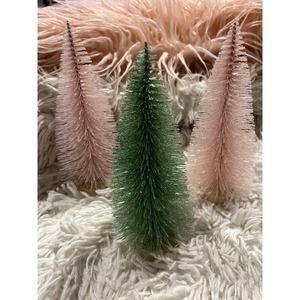 3 Bottle Brush Trees pink green pastel 8” glitter Valentines Day Christmas